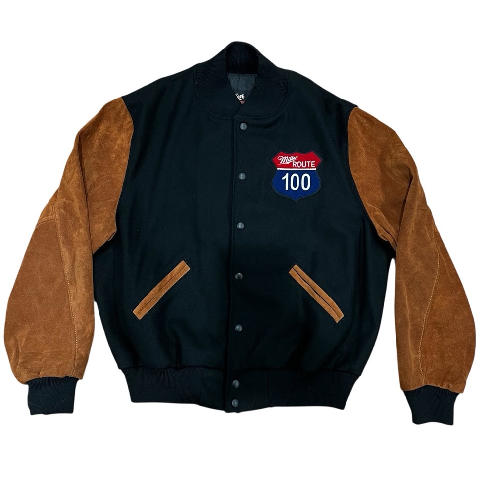 Vintage Miller Beer Varsity Jacket Dehen Wool Leather XL Route 100 Cowboy Patch